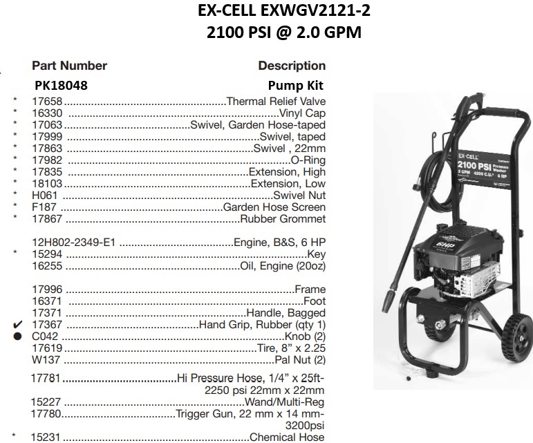 EXCELL EXWGV2121-2 power washer repair kits & manuals